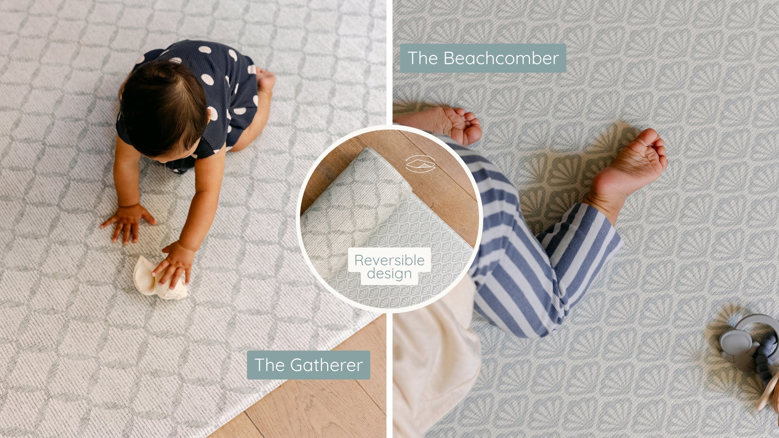 A split-screen comparison of two baby play mats: 'The Gatherer' on the left, shown with a baby crawling on a light patterned mat, and 'The Beachcomber' on the right, shown with a baby's feet on a light patterned mat. 