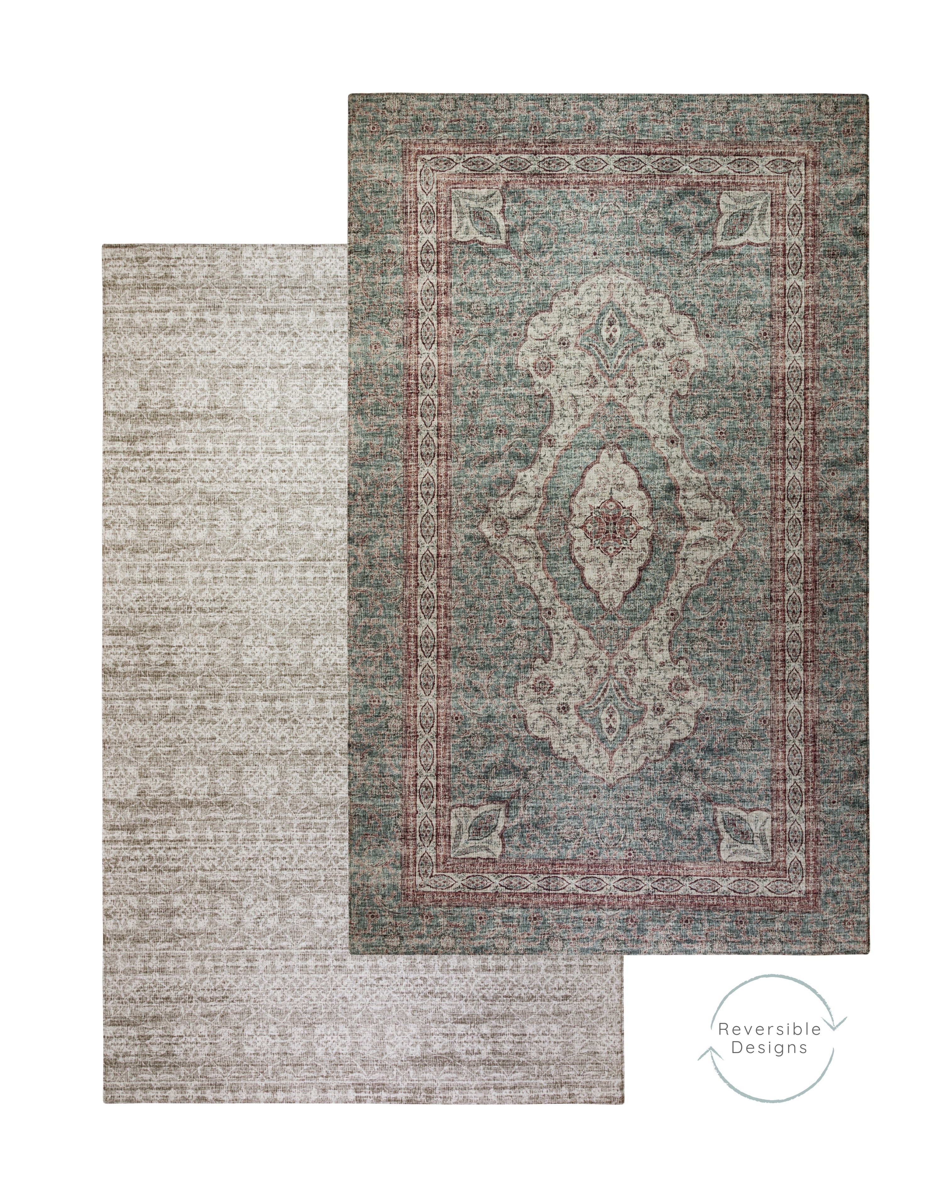 Flatlay of Totter & Tumble patterned play mat in the style of a Persian rug, with the reversible design visible on the flip side