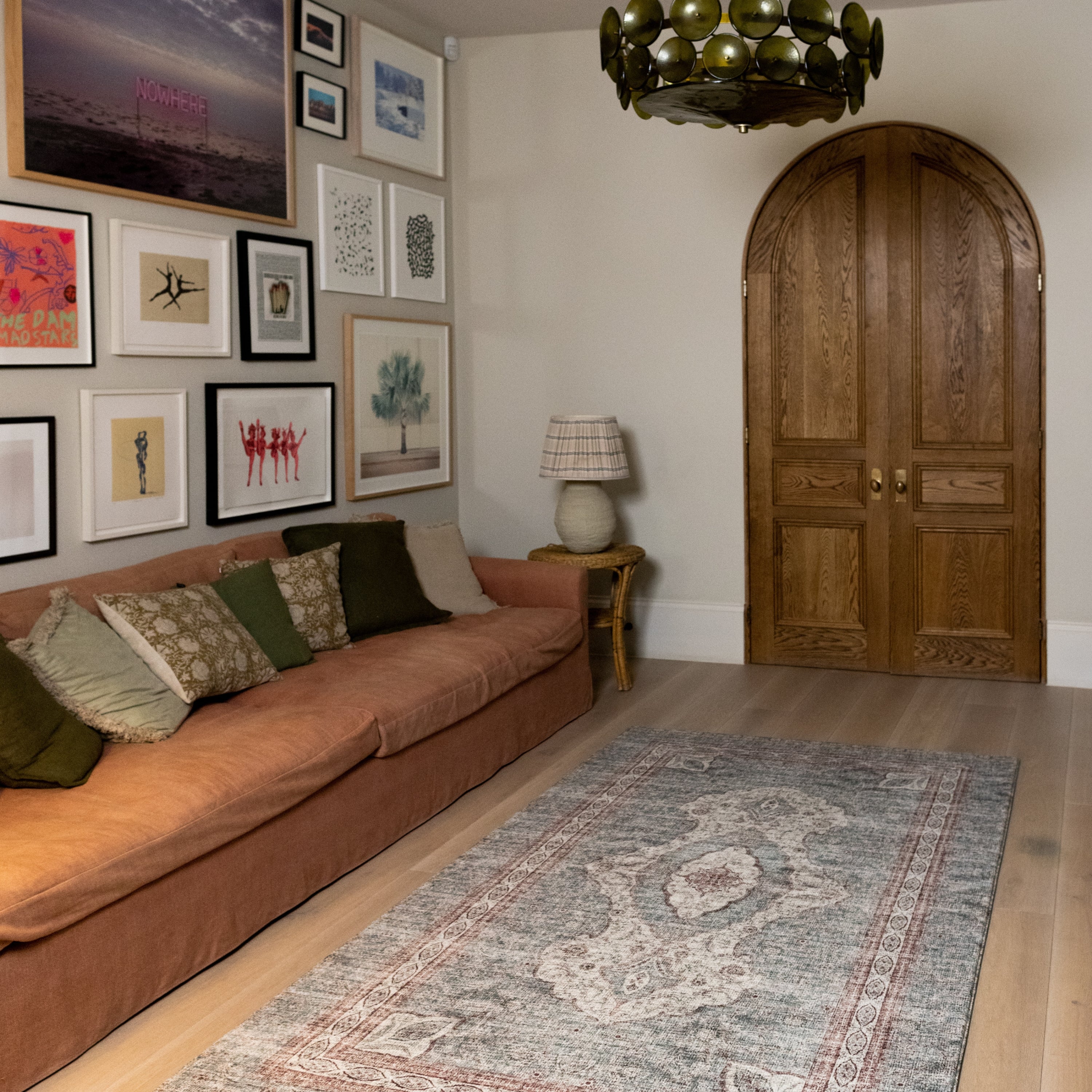 Stylish modern living room with a decorative rug-like play mat 