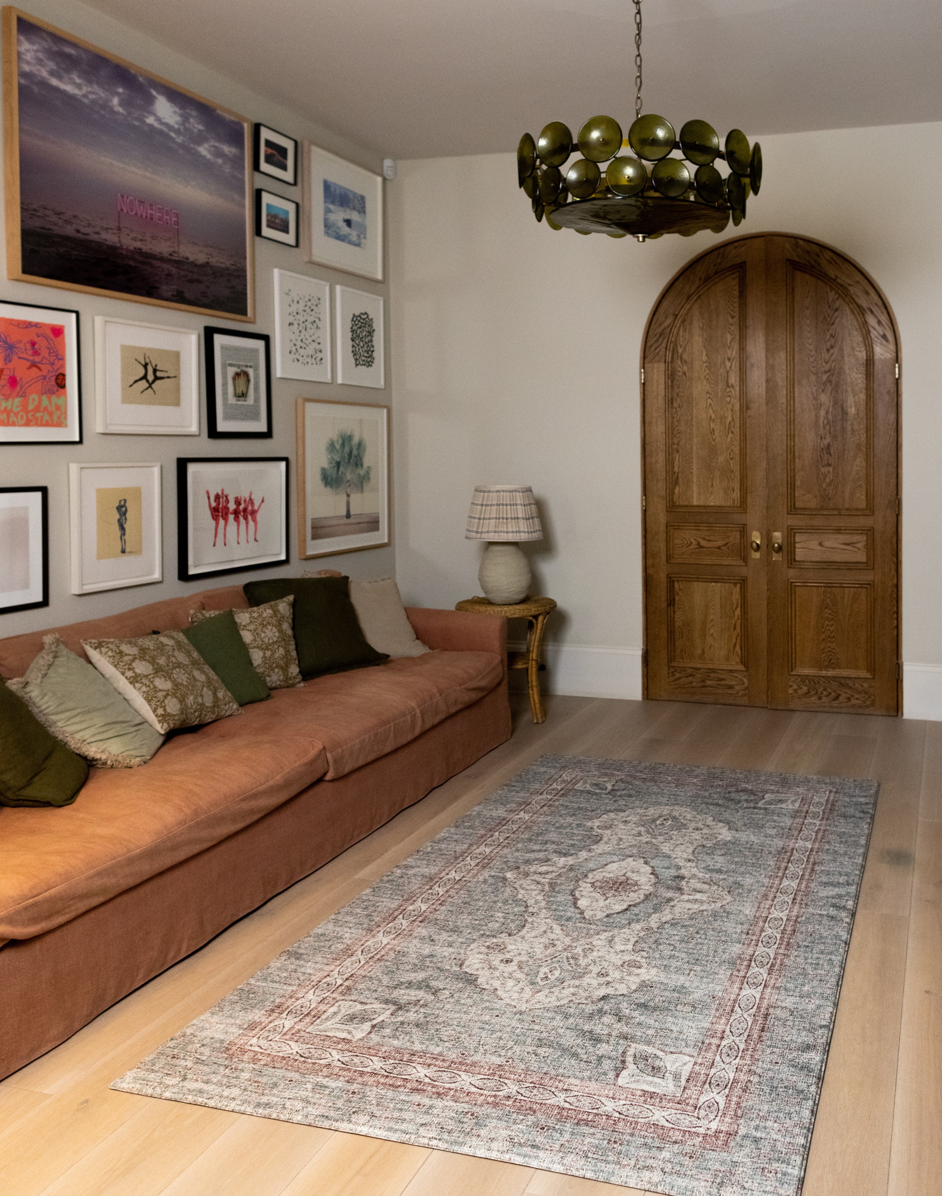 Stylish modern living room with a decorative rug-like play mat 