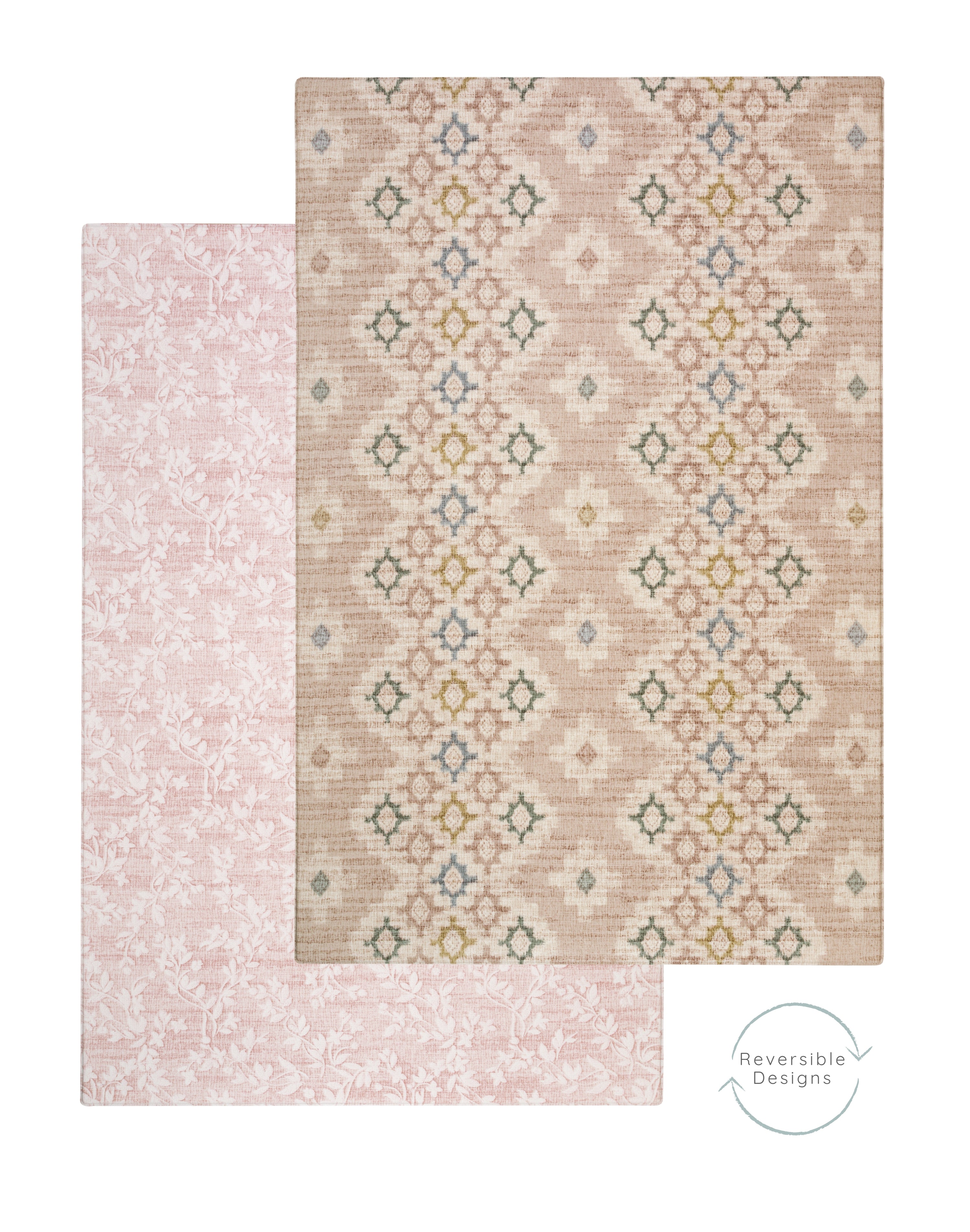 image showing two sides of a reversible play mat with geometric and pink floral designs