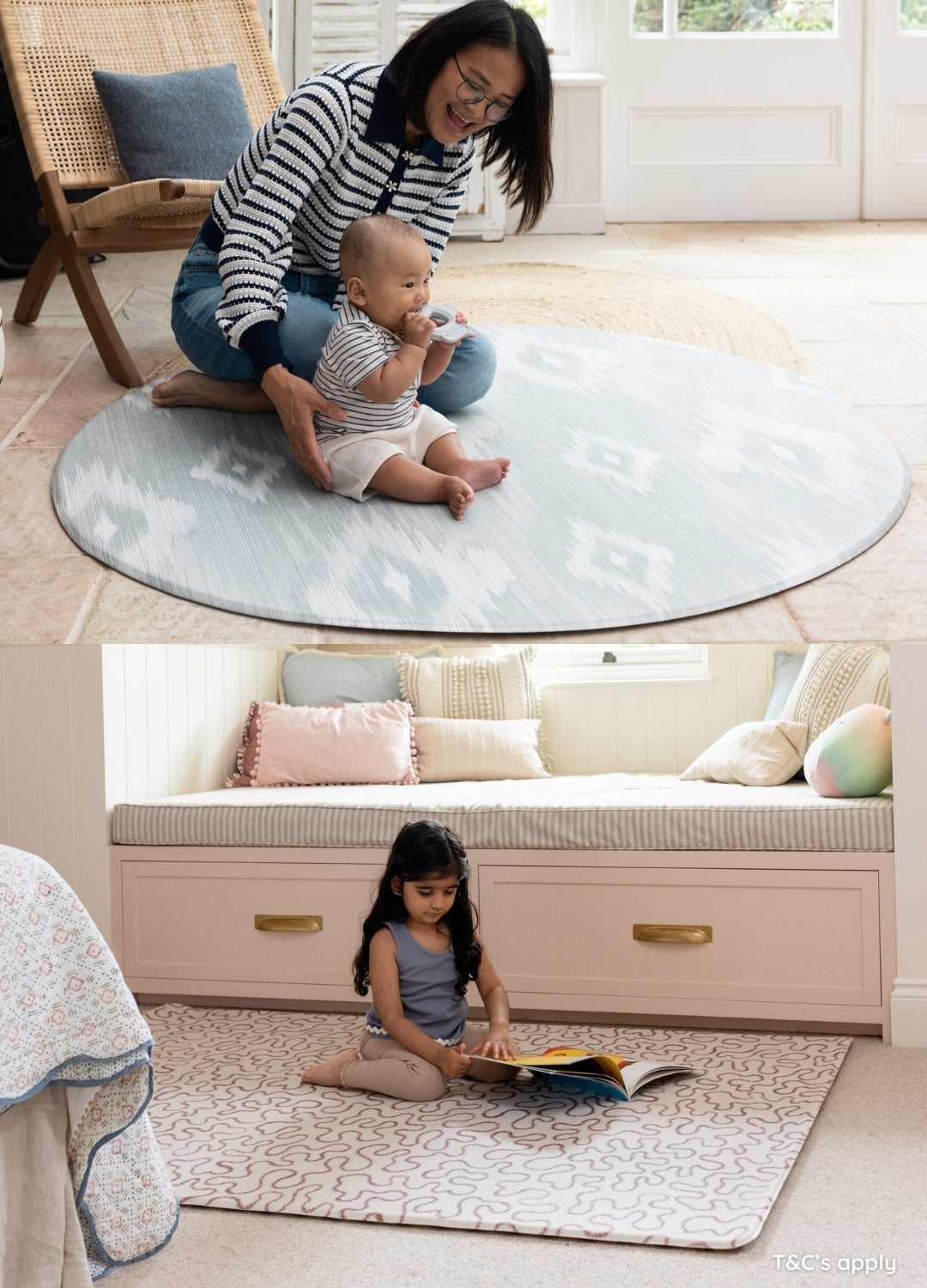 Mum and baby play on a round play mat in a family living space and a child reads on a soft pink mat in her bedroom