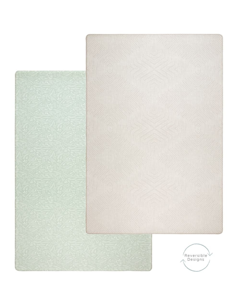 Beige play mat with light green play mat on the reverse designed with subtle motifs and colours to suit family homes and easy to flip over to enjoy a new look