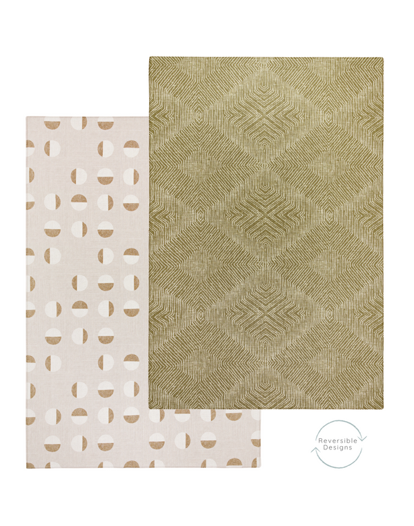 Green play mat with neutral play mat on the reverse with tactile motifs that look beautiful in the family home and simple to flip from one side to the other for a new look 