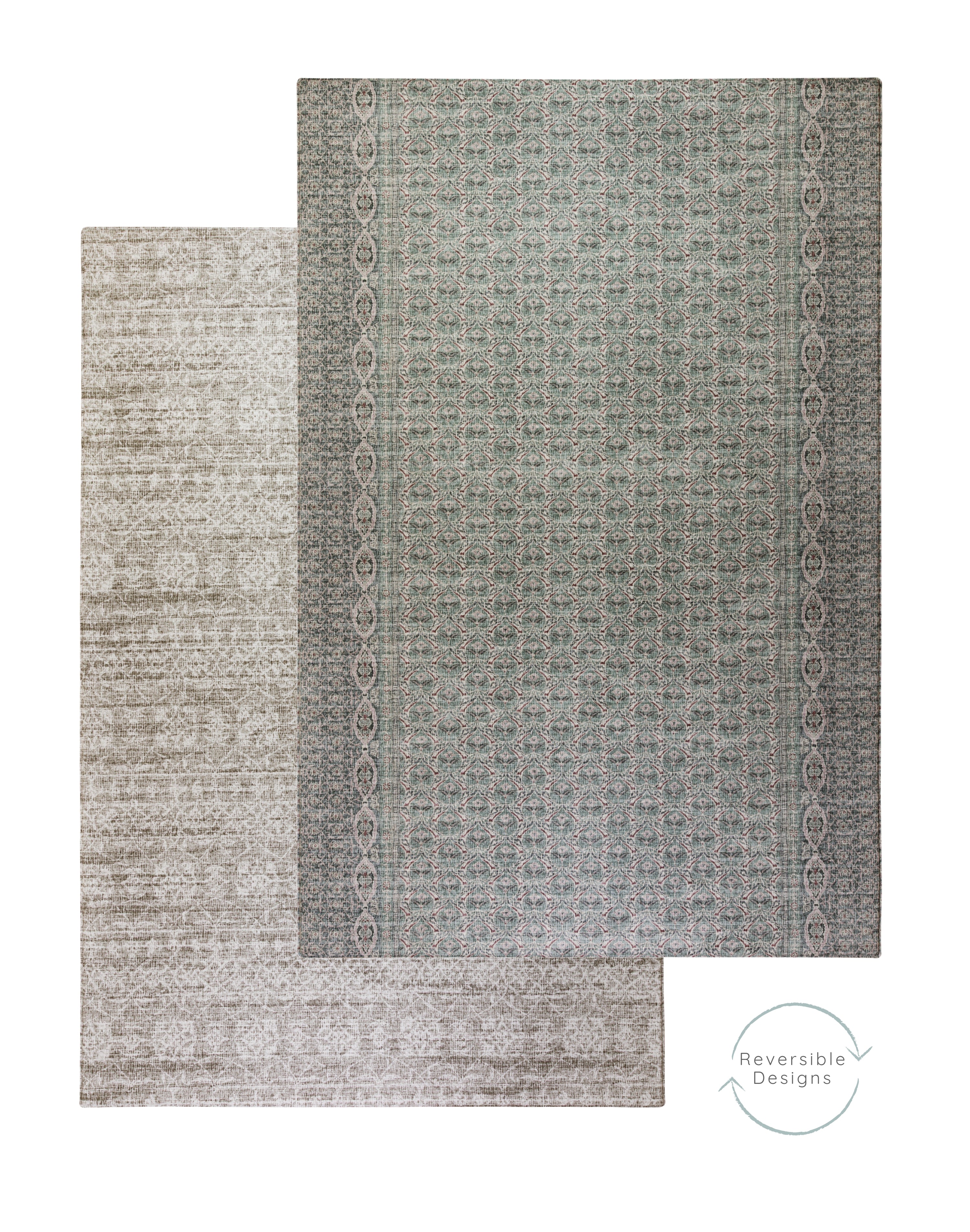 Two textured play mats layered showing reversible baby mat designs that look like Persian rugs