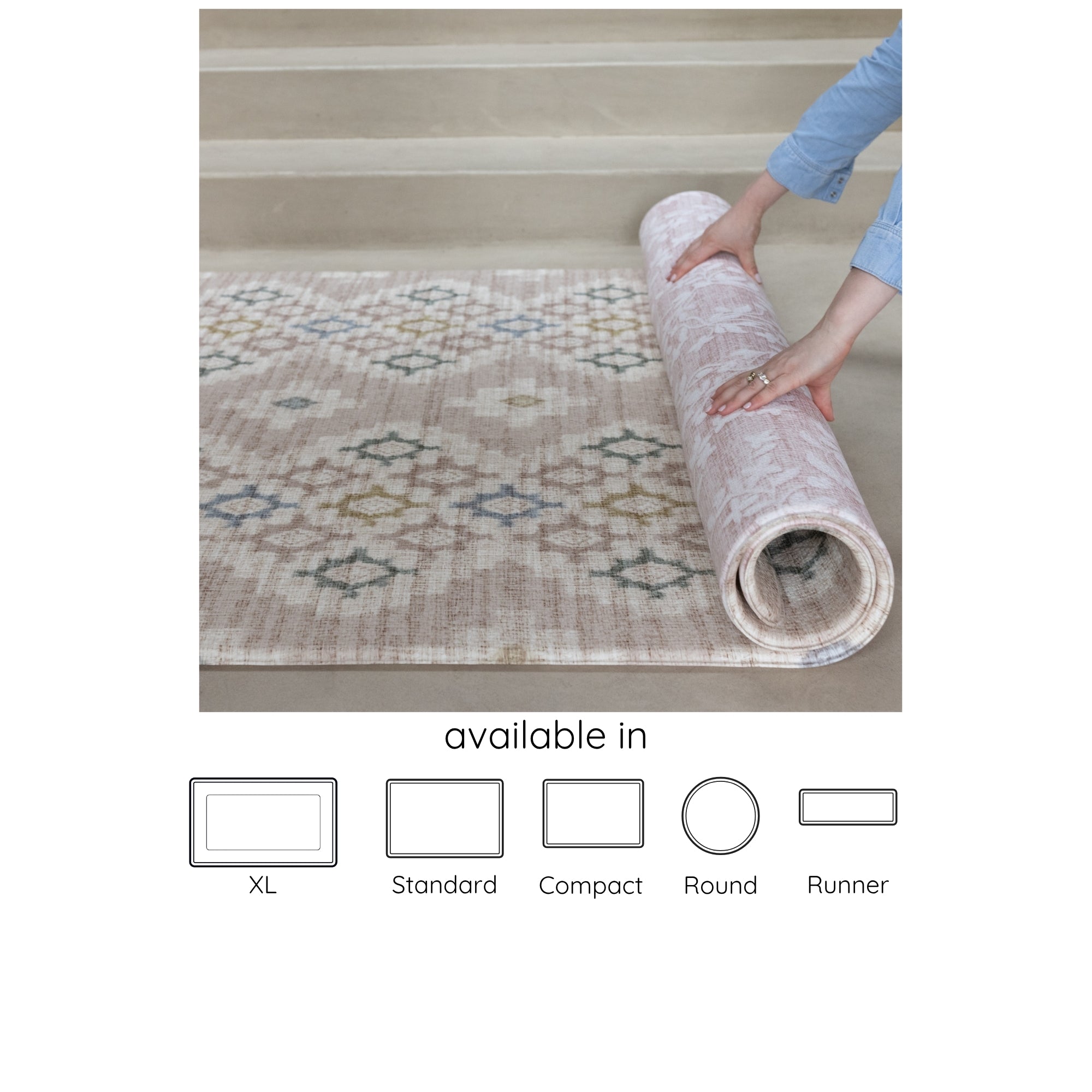 pink, neutral reversible geometric and floral play mat being rolled up, available in 5 sizes