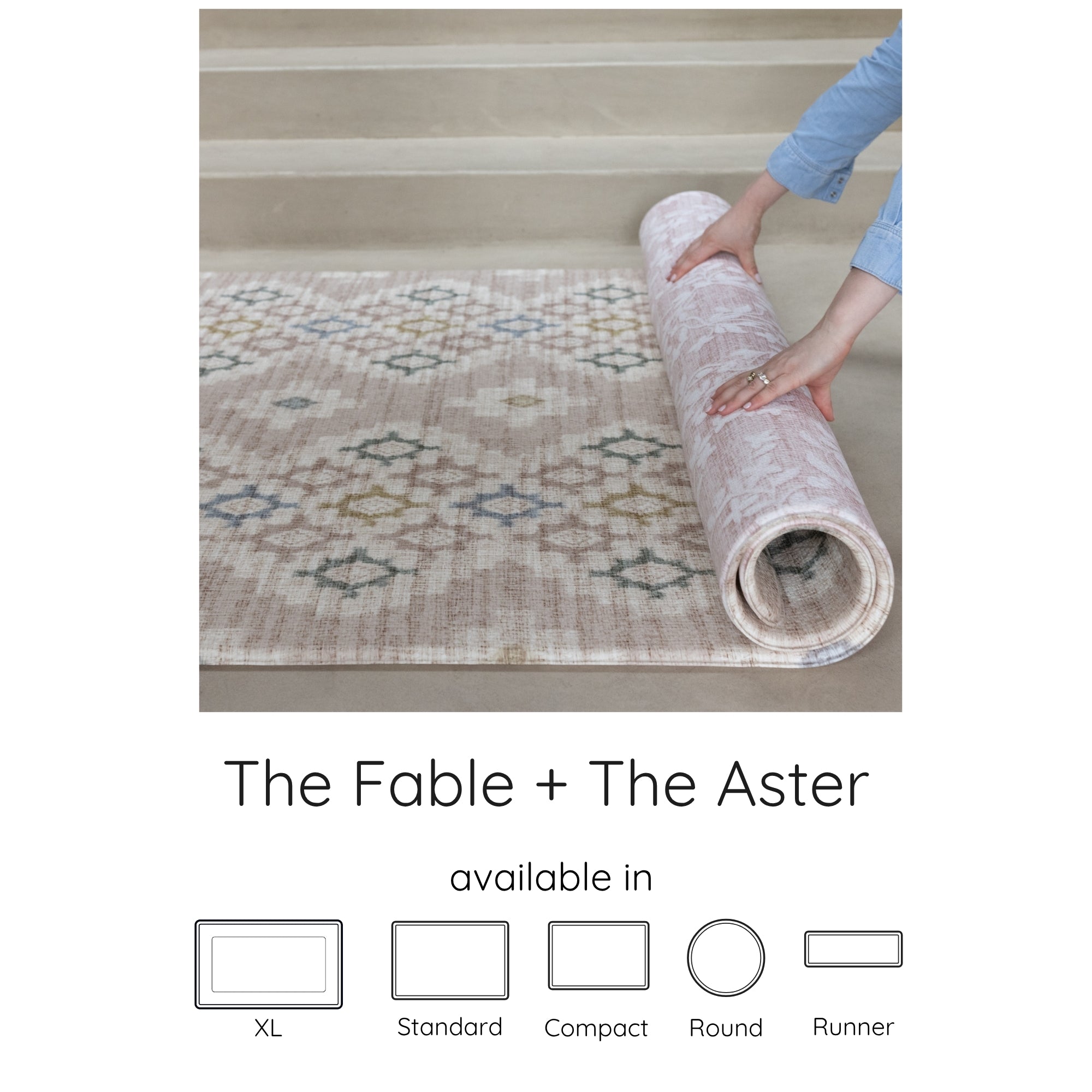pink, neutral reversible geometric and floral play mat being rolled up, available in 5 sizes
