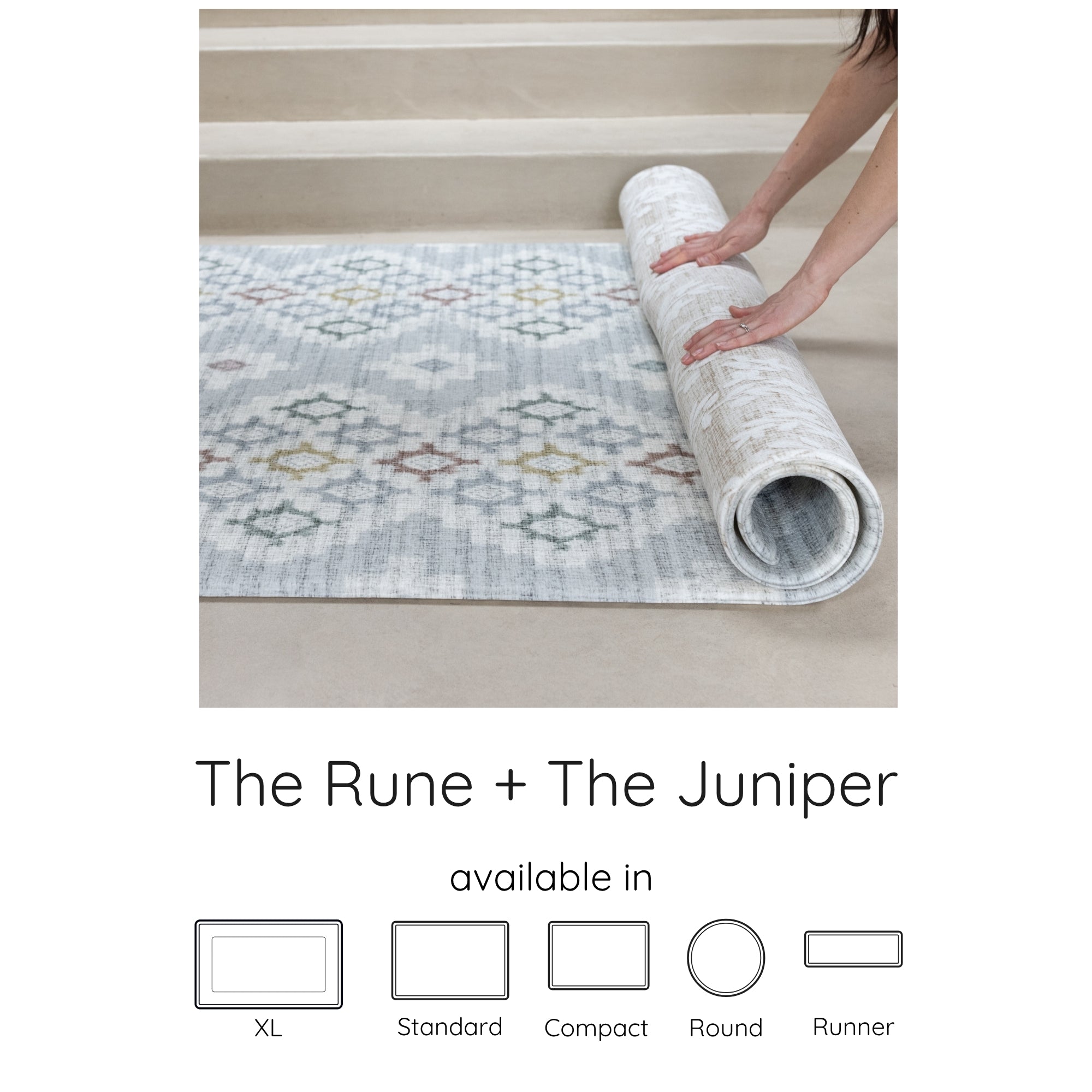 blue, neutral reversible geometric and floral play mat being rolled up, available in 5 sizes
