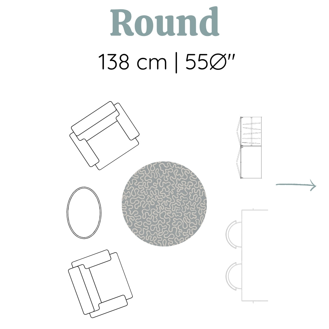 A sophisticated round play mat sits in a small living space. Perfect for growing families.