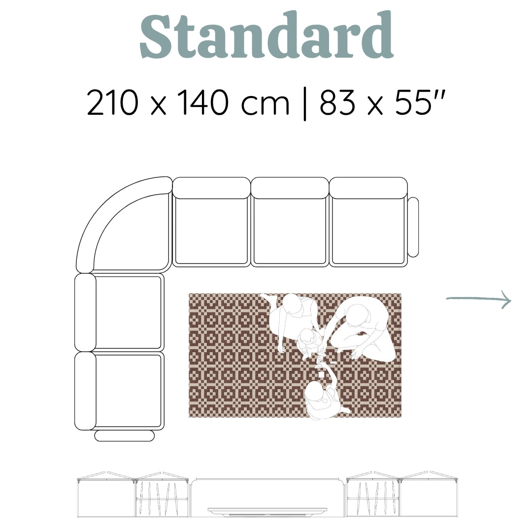 The Totter + Tumble Standard baby play mat  is 83 x 55". It fits into a living space perfectly.