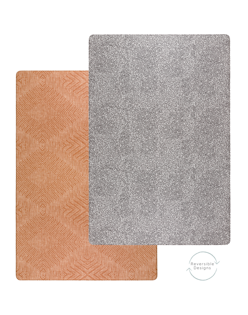 Double sided play mat by totter and tumble with grey leopard design and orange play mat design on the reverse created with a gentle textile motif so it looks like an area rug in the home practical for everyone