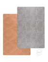 Double sided play mat by totter and tumble with grey leopard design and orange play mat design on the reverse created with a gentle textile motif so it looks like an area rug in the home practical for everyone