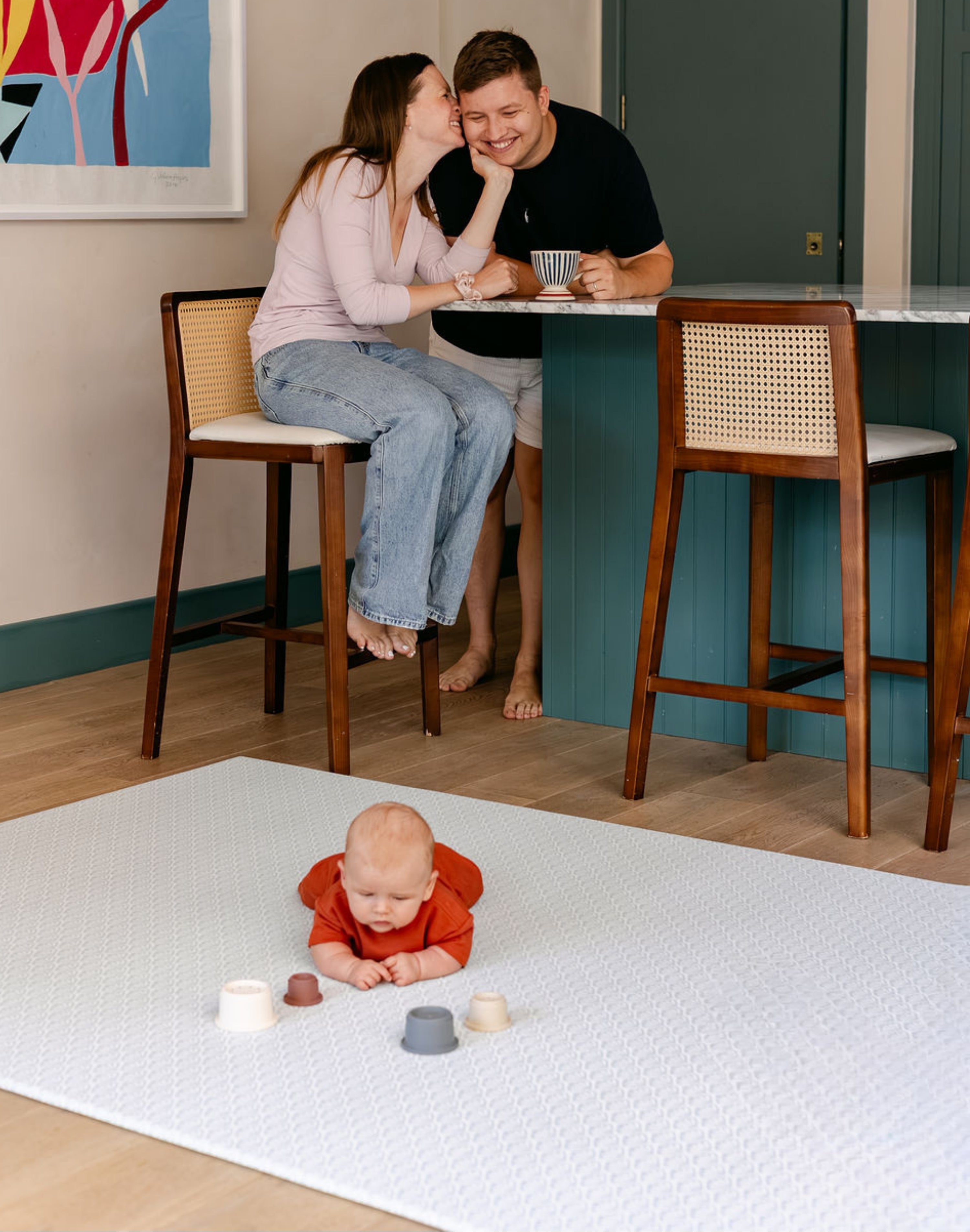 A baby safely having tummy time on the beachcomber play mat made from thick, non toxic, safe, memory foam | SKU: 26 BEACH/GATHER XL, 26 BEACH/GATHER STD, 26 BEACH/GATHER COMP
