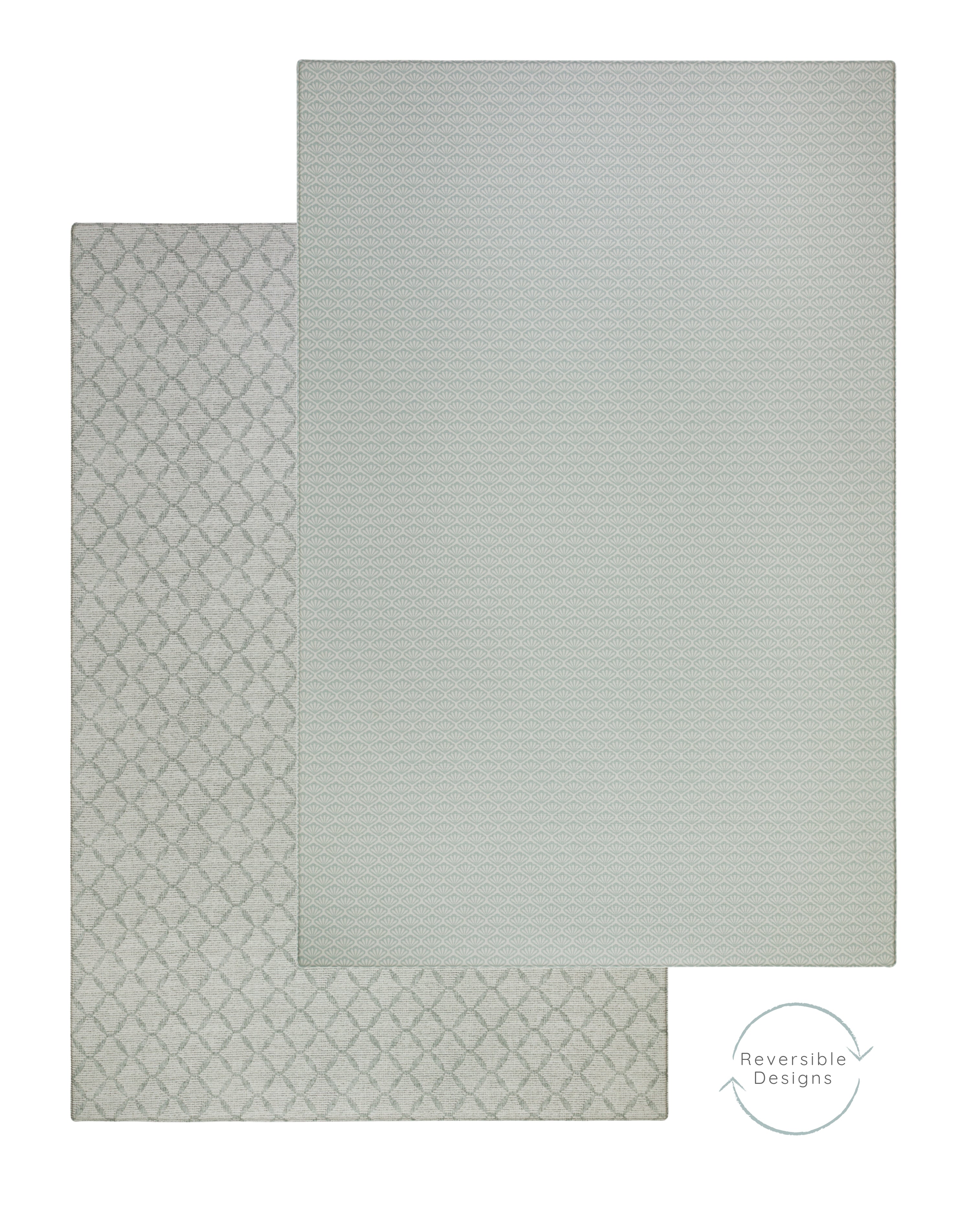 Rectangular rug-like play mat shown on a white background, with one mat partially slid off the other to reveal both sides. The top mat is a solid light sage green with a subtle shell pattern, and the bottom mat has a repeating diamond lattice pattern. | SKU: 26 BEACH/GATHER XL, 26 BEACH/GATHER STD, 26 BEACH/GATHER COMP