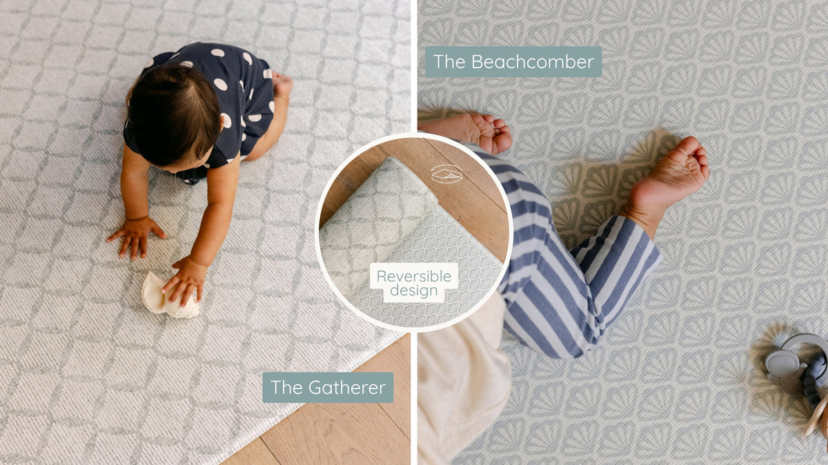 A split-screen comparison of two baby play mats: 'The Gatherer' on the left, shown with a baby crawling on a light patterned mat, and 'The Beachcomber' on the right, shown with a baby's feet on a light patterned mat. A circular inset in the center highlights the reversible design of the mats.