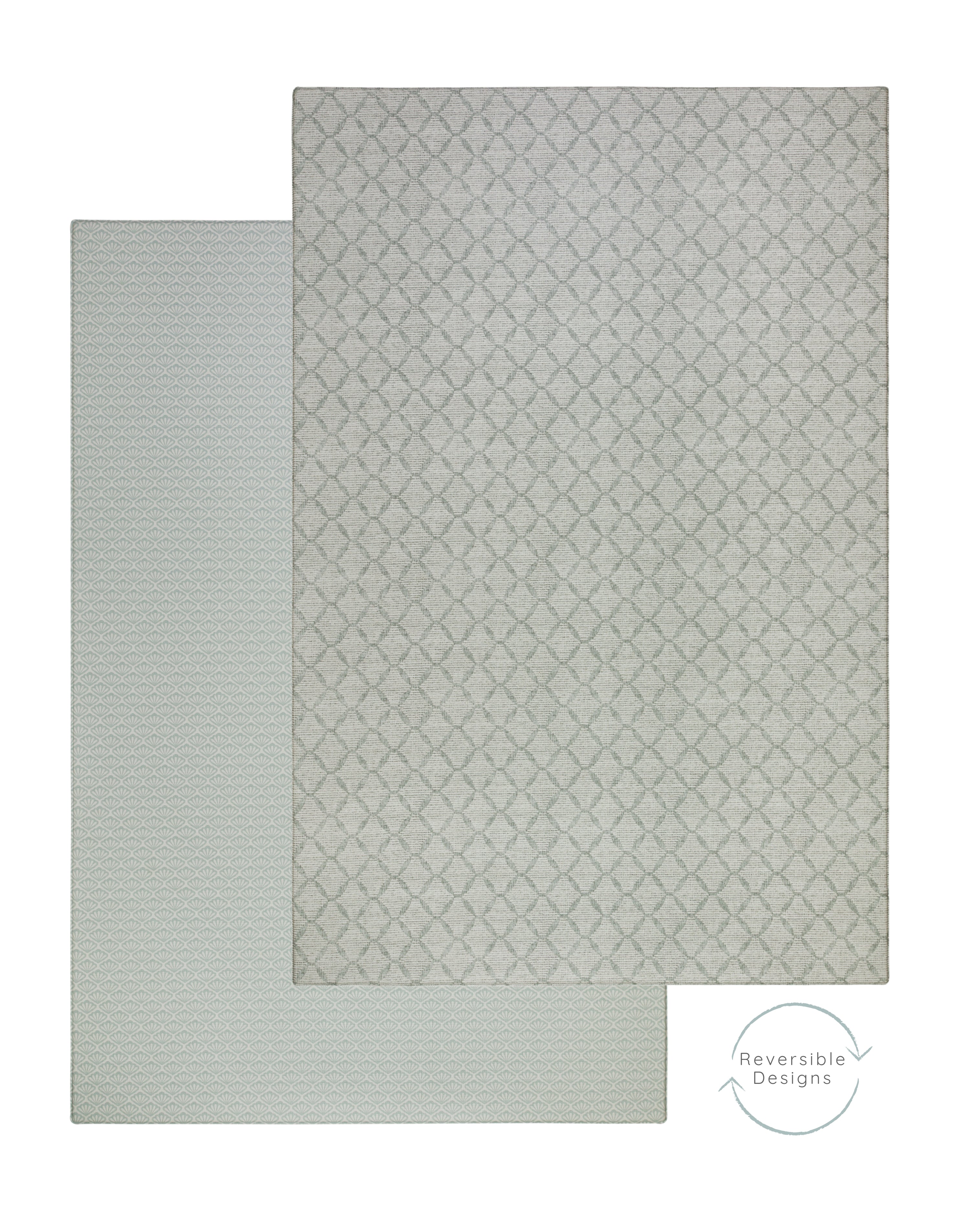 A light reversible rug-like playmat with a subtle geometric trellis pattern, shown from both its patterned top side and its textured reverse side on a white background. | SKU: 26 BEACH/GATHER XL, 26 BEACH/GATHER STD, 26 BEACH/GATHER COMP