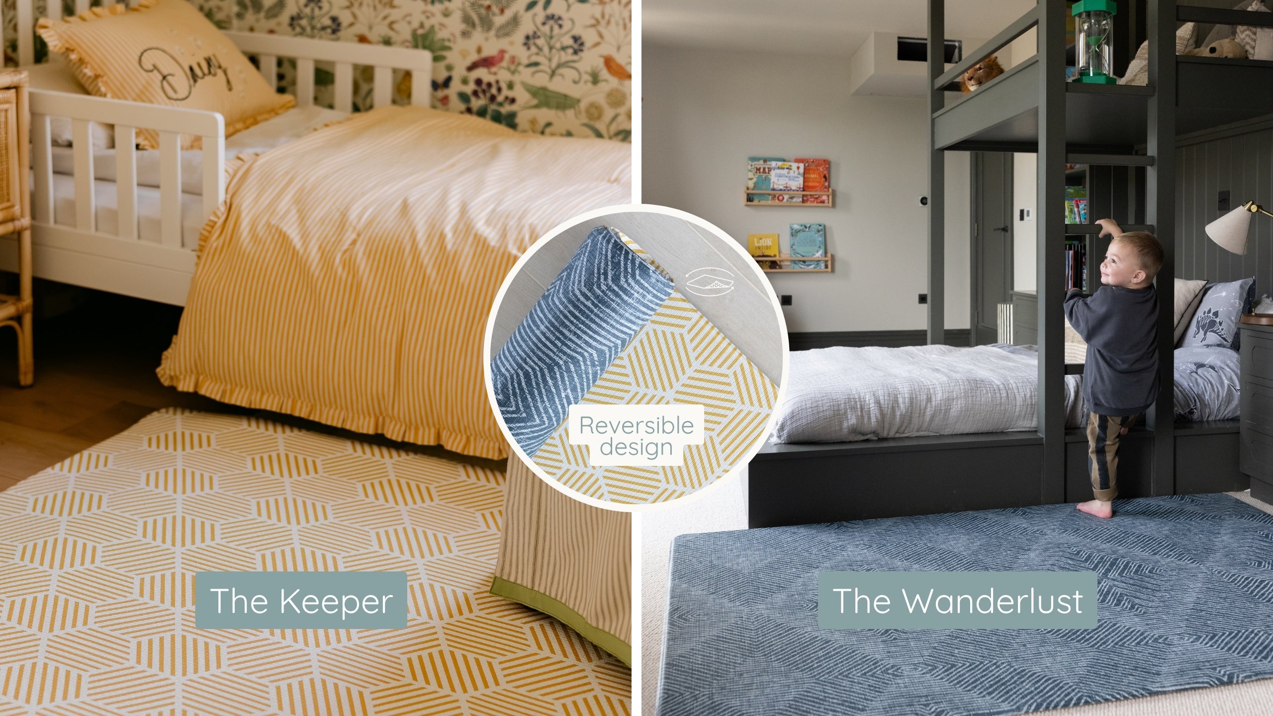 A split-screen lifestyle image showcasing two children's play mats in a bedroom setting. The left side shows a yellow and white geometric patterned rug labeled 'The Keeper' under a bed.
