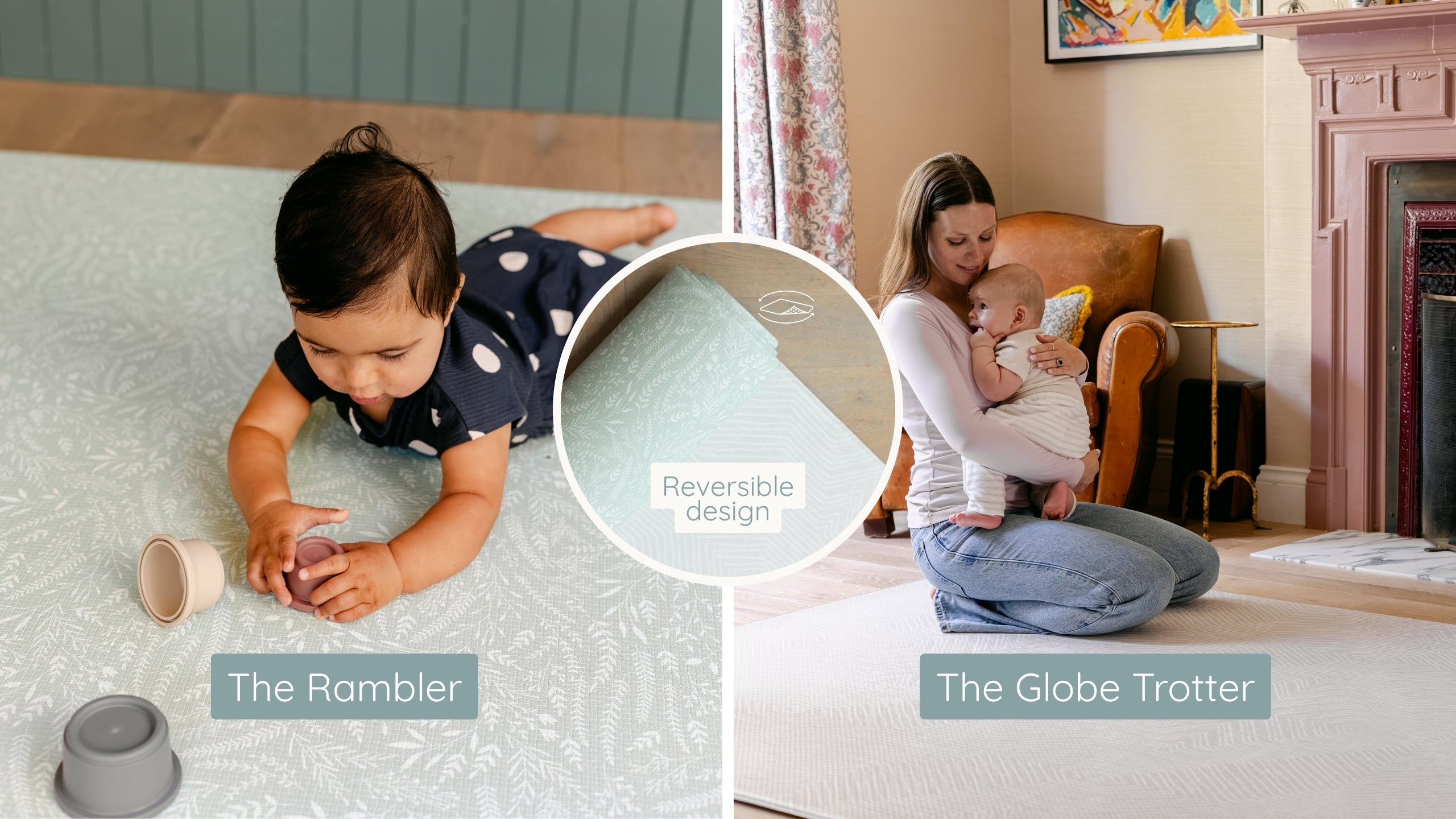 A split-screen lifestyle image showing babies and a woman using two soft baby play mats. The left panel shows a baby lying on a pale green reversible mat labeled 'The Rambler' with a circular inset highlighting the reversible mat.
