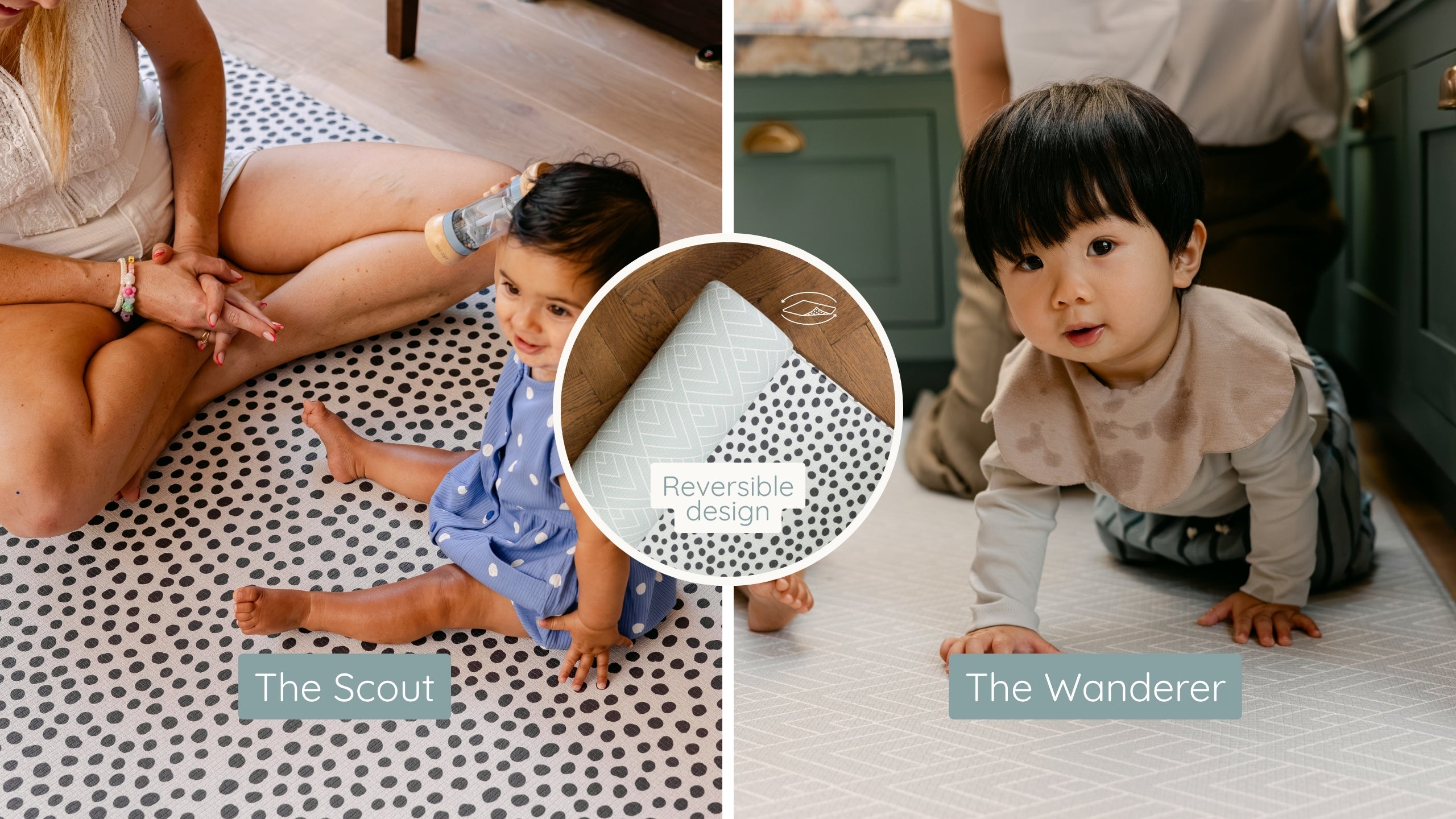 A split-screen lifestyle collage showing two children using patterned floor play mats in a home setting, with an inset circle highlighting the reversible design of the mat. The left panel shows a woman sitting on a black-and-white patterned mat with a child in a blue polka-dot outfit.